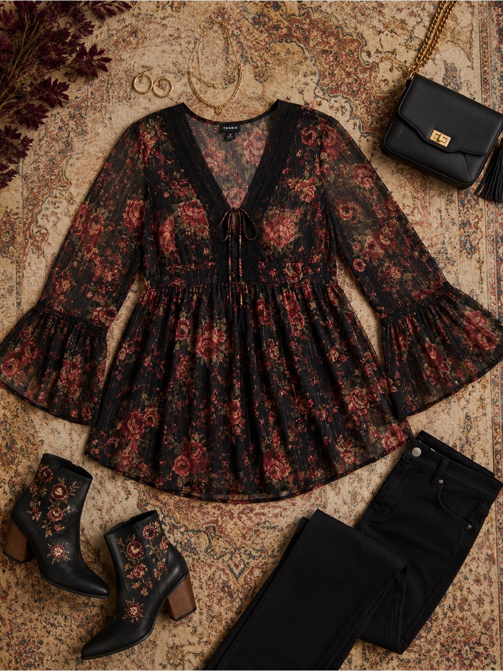 Torrid Size 2X Floral Sheer Bell Sleeve Babydoll Blouse | Boho Romantic Top - Picture 5 of 9